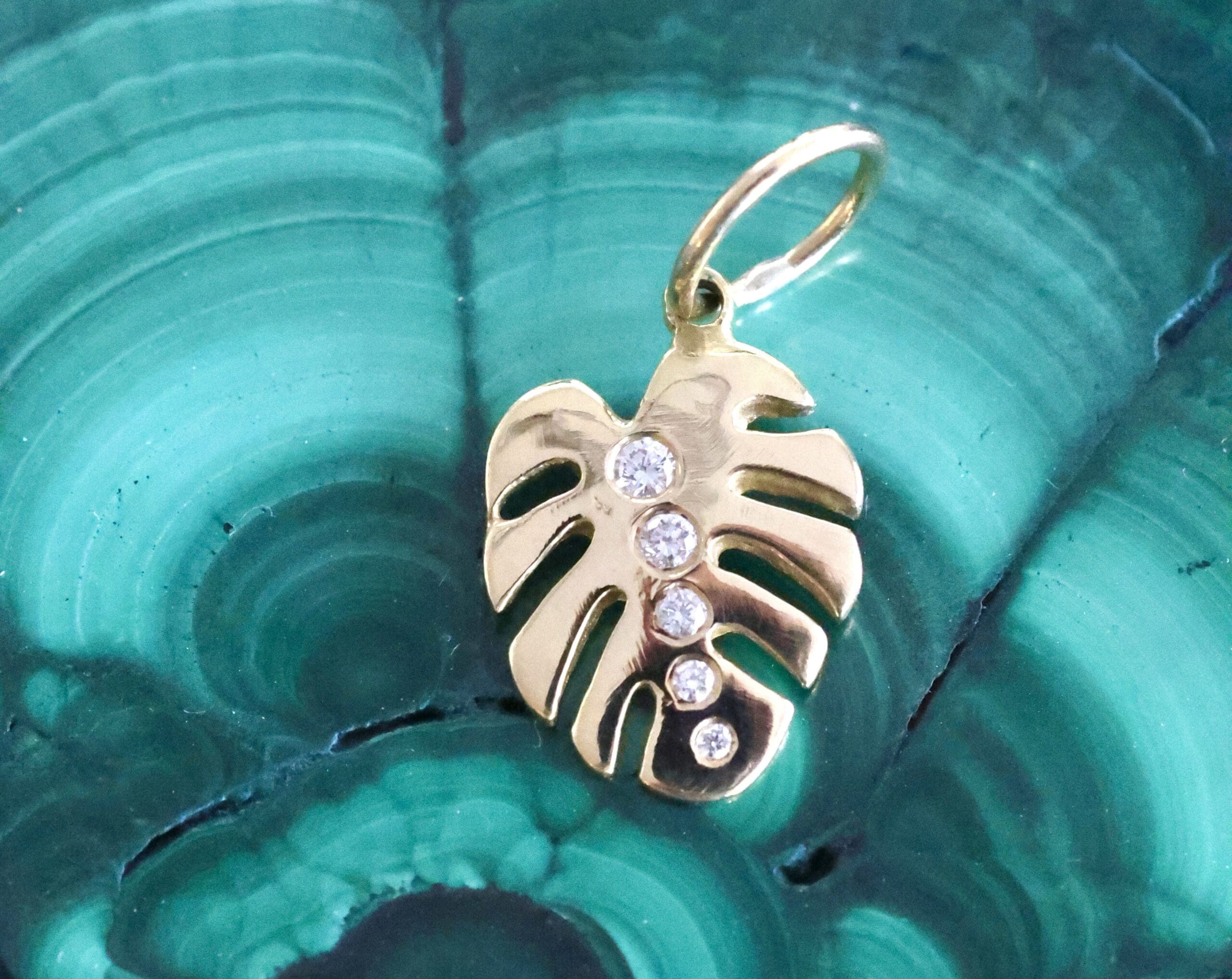 close-up shot of the monstera diamond charm